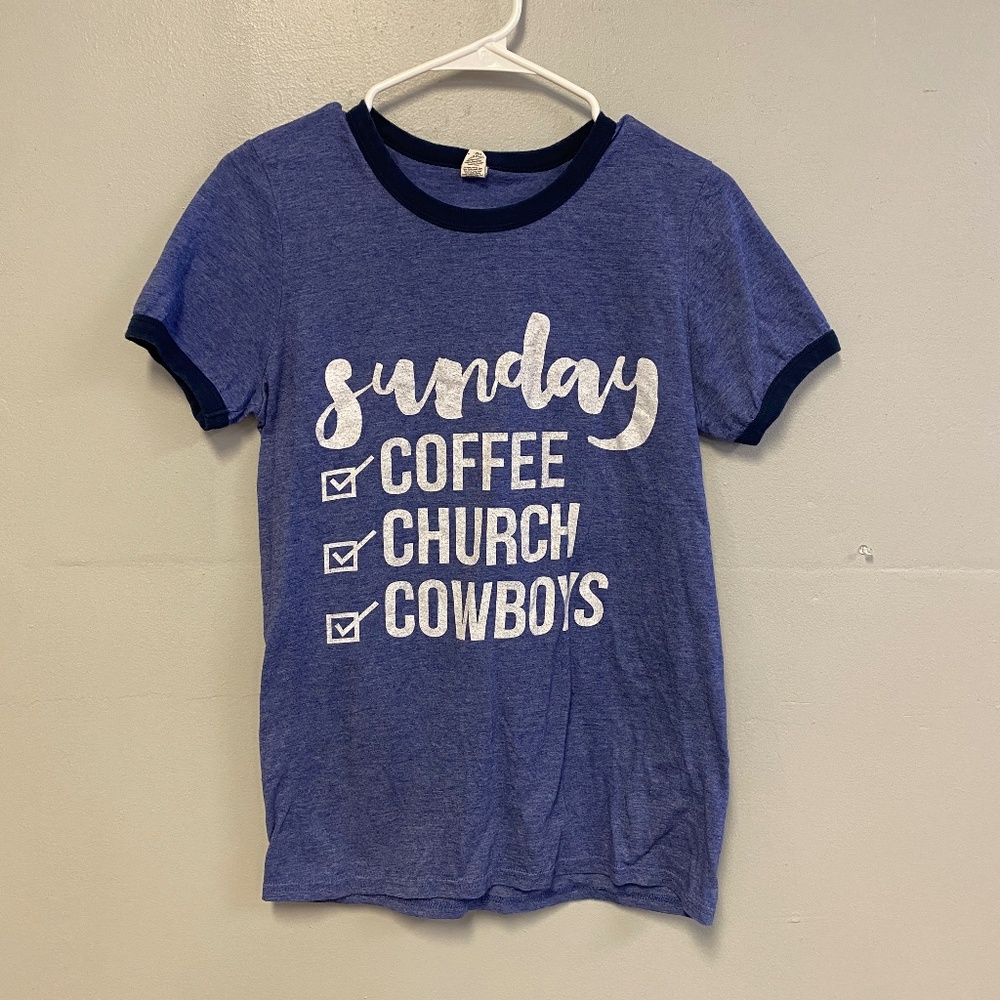 Sunday Church Coffee Cowboys Brand Anvil Size Small Blue